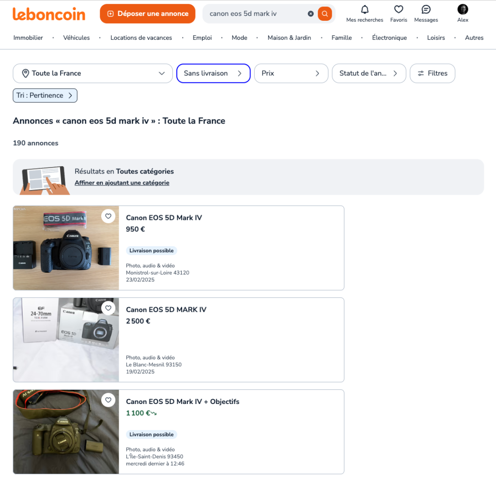 Copie d'écran leboncoin pour illustrer l'article achat appareil photo d'occasion 
